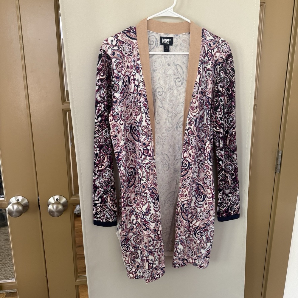 Lands End Womens Large Paisley Print Mid Length Duster Sweater‎ Cardigan